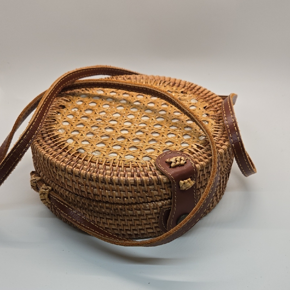 Brown Woven Round Crossbody Bag